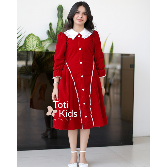 صورة فستان بناتي مخمل بـلونين | أزرار ولؤلؤ لتصميم كلاسيكي - 1126